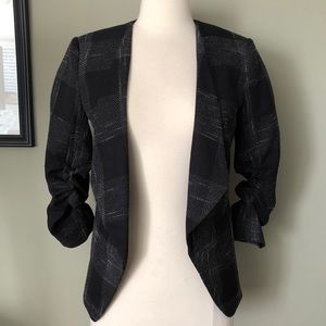 H&M black plaid tweed open blazer cropped sleeves